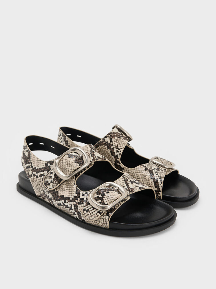 Snake-Print Buckled Double-Strap Slingback Sandals, Animal Print Natural, hi-res