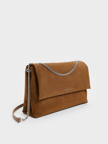 Sianna Recycled Suede Chain-Handle Shoulder Bag, Sienna Brown, hi-res