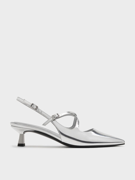 Pauline Metallic Crossover Kitten Heels, Silver, hi-res