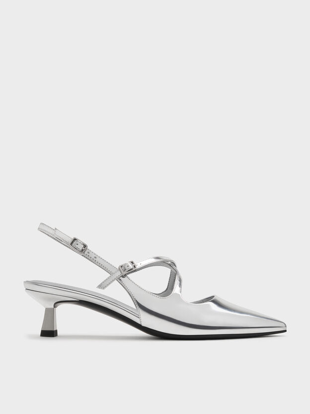 Pauline Metallic Crossover Kitten Heels, Silver, hi-res