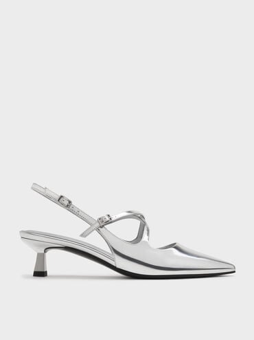 Pauline Metallic Crossover Slingback Kitten Heels, Silver, hi-res