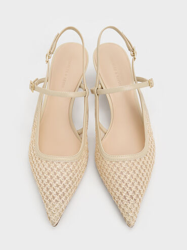 Raffia Sculptural-Heel Slingback Pumps, Beige, hi-res
