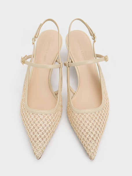 Raffia Sculptural-Heel Slingback Pumps, Beige, hi-res