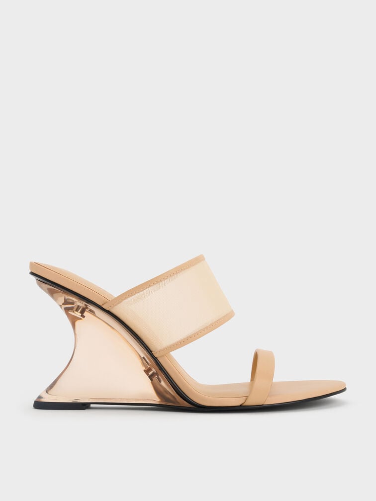 Mesh Sculptural-Heel Wedges, Nude, hi-res