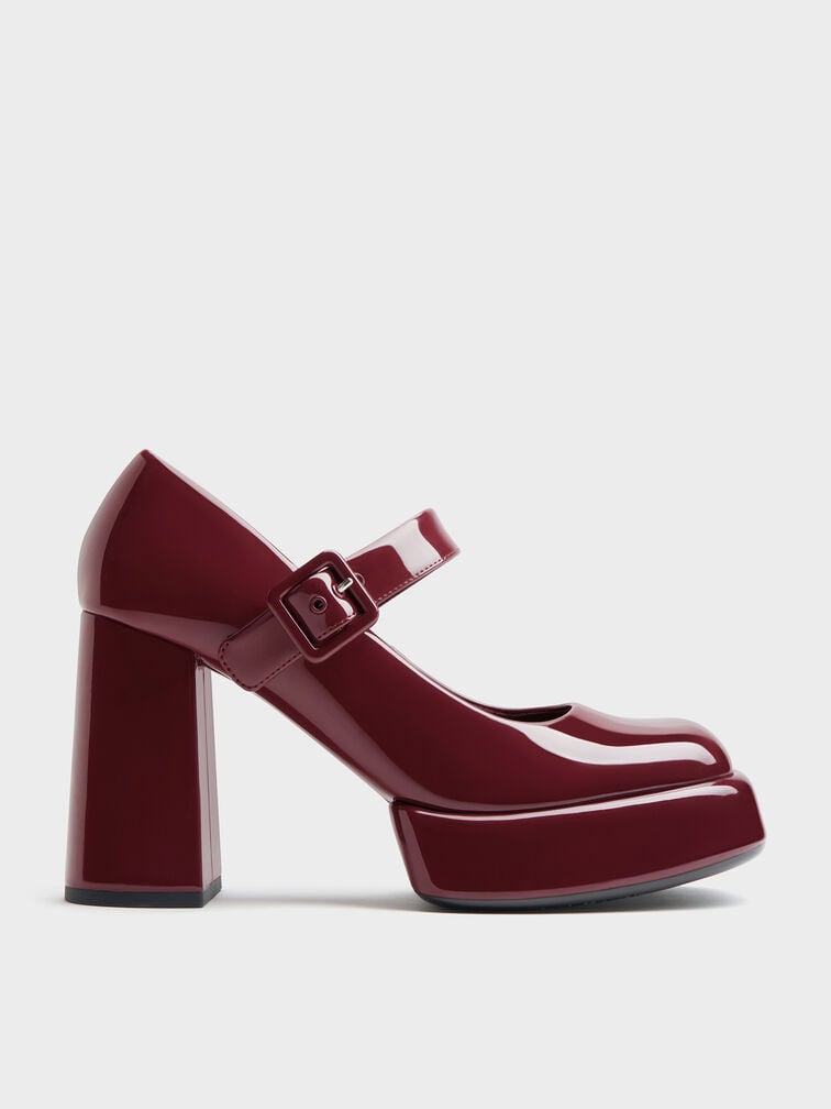 Patent Block-Heel Platform Mary Jane Pumps, Burgundy, hi-res