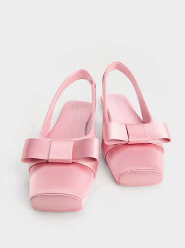 Satin Bow Slingback Ballet Flats, Pink, hi-res
