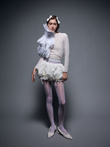 Tayari Embroidered-Mesh Slingback Flats, White, hi-res