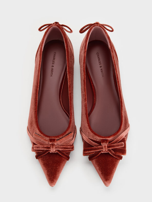 Bettina Velvet Double-Bow Pointed Ballet Flats, Brick, hi-res