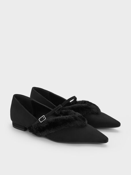 Emila Faux Suede Fur-Trim Pointed Mary Janes, Black Textured, hi-res