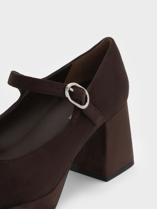 Faux Suede Platform Mary Jane Pumps, Dark Brown Textured, hi-res