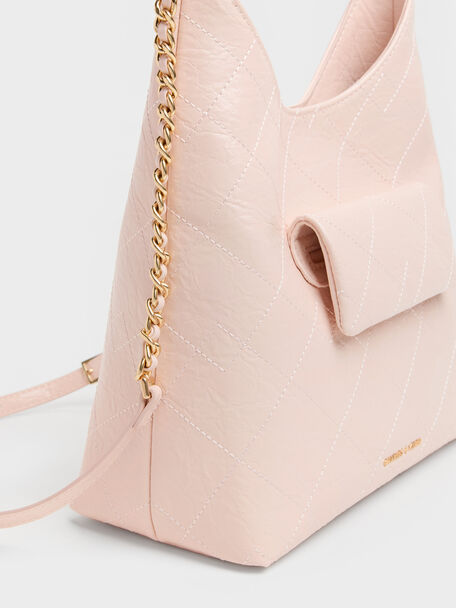 Duo Quilted Front-Pocket Chain Hobo Bag, Soft Pink, hi-res