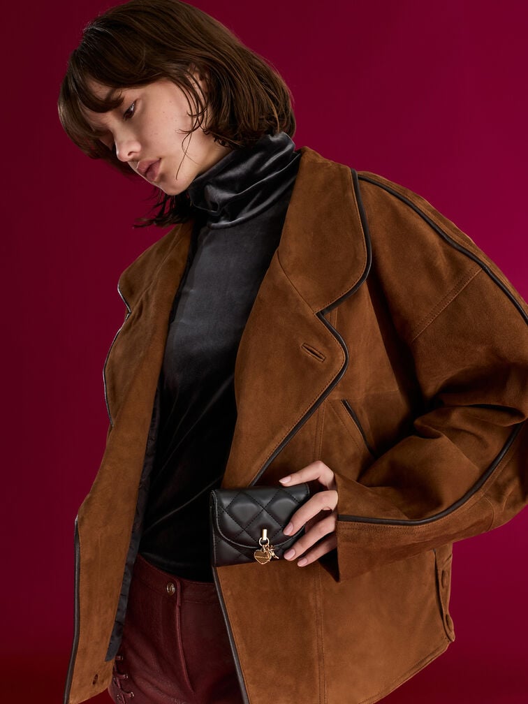 Arrietty Quilted Bow-Heart Charm Curved-Flap Wallet, Black, hi-res