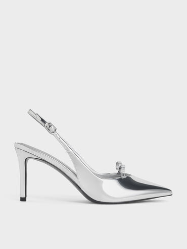 Metallic Bow Slingback Pumps, Silver, hi-res