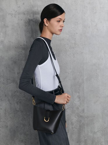 Gabine Leather Belted Top-Handle Bucket Bag, Black, hi-res