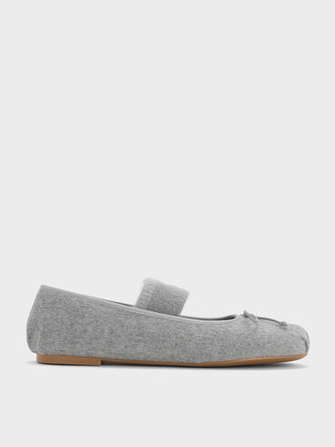 Winona Felt Bow Furry-Strap Mary Jane Flats, Light Grey, hi-res