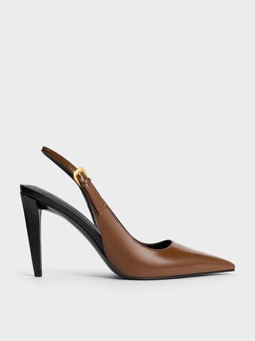 Cone-Heel Pointed-Toe Pumps, Brown, hi-res