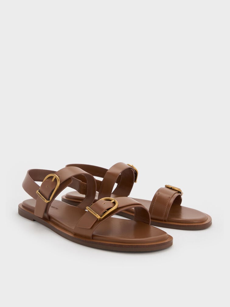 Double Buckle-Strap Slingback Sandals, Brown, hi-res
