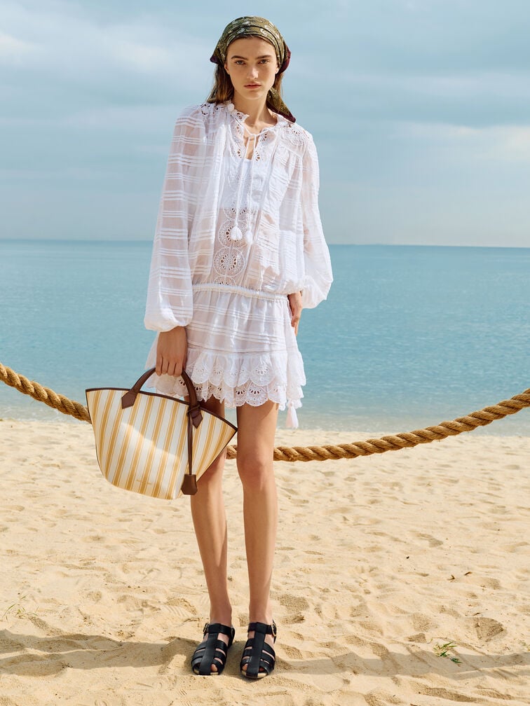 Large Ivanna Canvas Striped Tote Bag, Butterscotch Yellow, hi-res