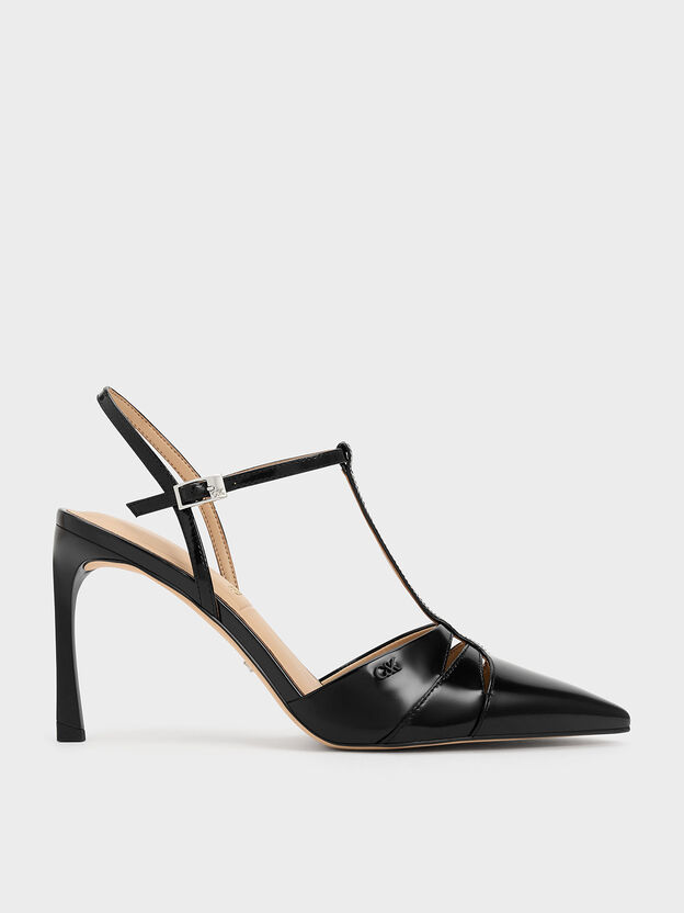Leather T-Bar Pointed-Toe Pumps, Black Box, hi-res