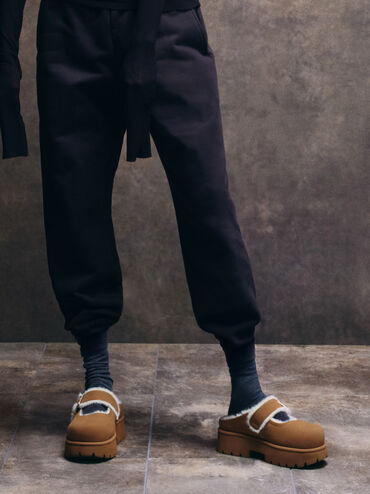 Bergen Textured Fur-Trim Buckled Platform Mules, Brown, hi-res