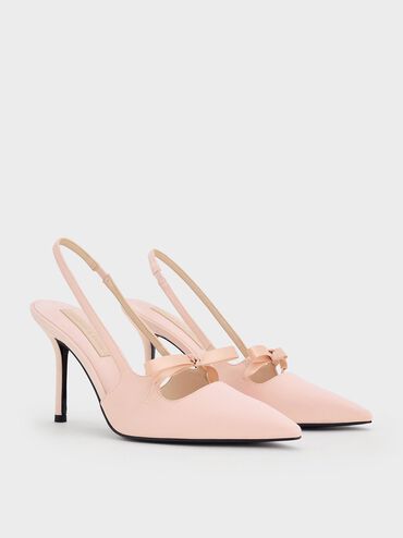 Satin Bow Pointed-Toe Slingback Pumps, Light Pink, hi-res