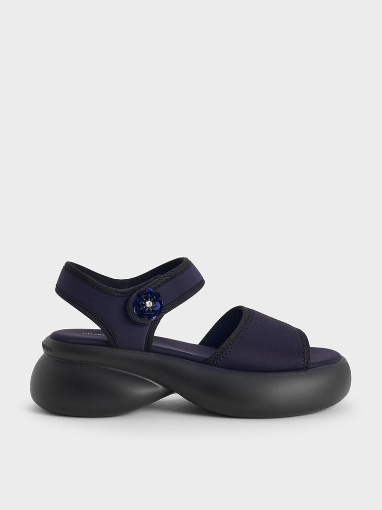 Flower-Buckle Platform Sports Sandals, Dark Blue, hi-res