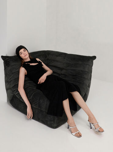 Metallic Leather Gem-Buckle Double-Strap Heeled Sandals, Silver, hi-res