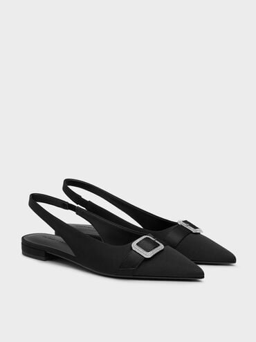 Satin Crystal-Buckle Pointed-Toe Slingback Flats, Black Textured, hi-res