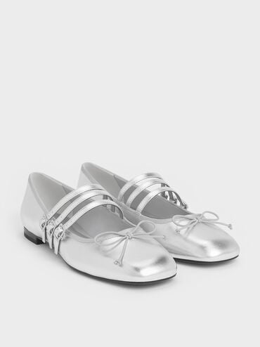 Metallic Triple-Strap Mary Janes, Silver, hi-res