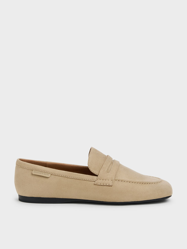 Faux Suede Penny Loafers, Beige, hi-res