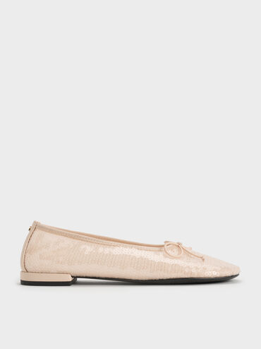 Sequin Mesh & Leather Bow Ballet Flats, Nude, hi-res