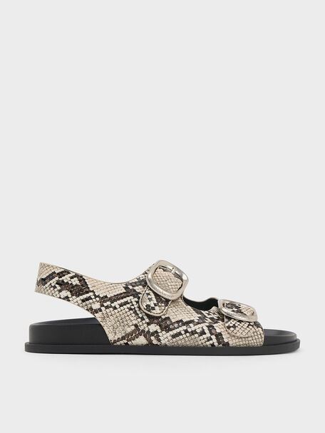 Snake-Print Buckled Double-Strap Slingback Sandals, Animal Print Natural, hi-res