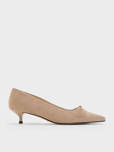 Georgina Suede Pointed-Toe Kitten-Heel Pumps, Taupe, hi-res