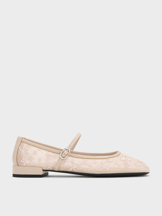 Gertrude Embroidered-Mesh Mary Janes, Nude, hi-res