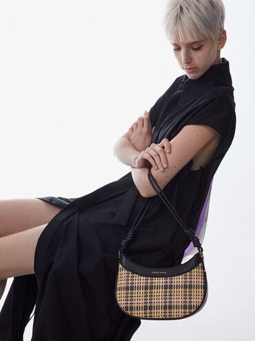 Sabine Tartan Knotted-Strap Curved Shoulder Bag, Tartan Straw, hi-res