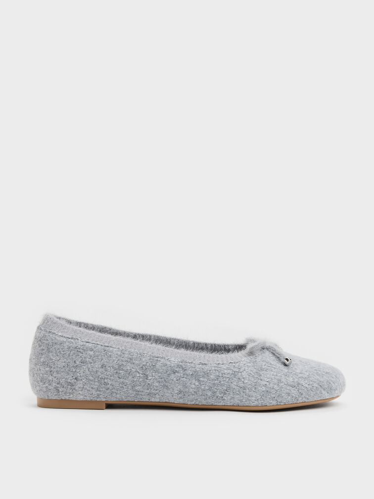 Knitted Bow Ballet Flats, Light Grey, hi-res