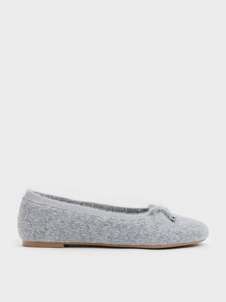 Knitted Bow Ballet Flats, Light Grey, hi-res