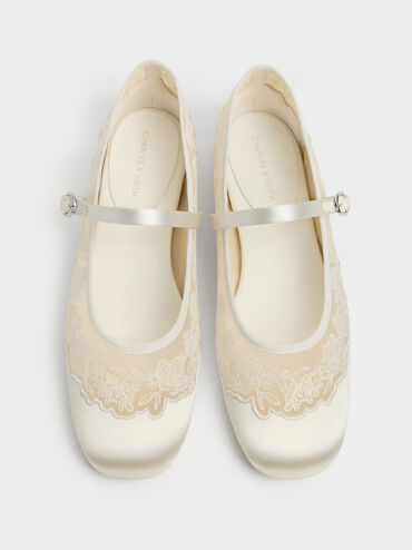 Satin Embroidered-Mesh Mary Jane Flats, White, hi-res