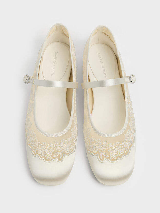 Satin Embroidered-Mesh Mary Jane Flats, White, hi-res