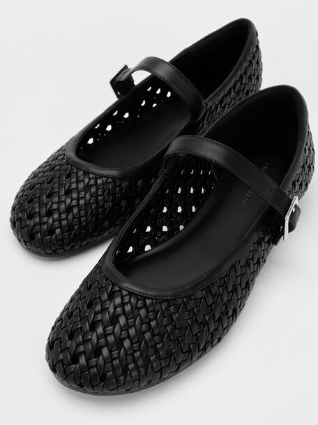 Woven Mary Jane Flats, Black, hi-res