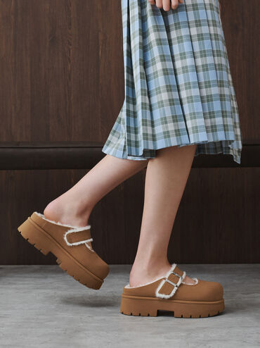 Bergen Textured Fur-Trim Buckled Platform Mules, Brown, hi-res