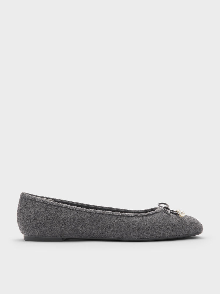 Barbara Felt Pearl-Embellished Bow Ballet Flats, Grey, hi-res