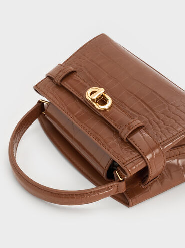 Aubrielle Croc-Effect Top Handle Bag, Chocolate Croco, hi-res