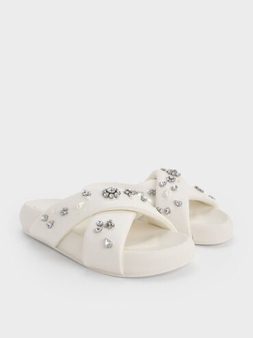 Gem & Pearl Flatform Sandals, White, hi-res