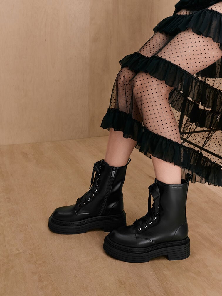 Satin-Lace Platform Combat Boots, Black, hi-res