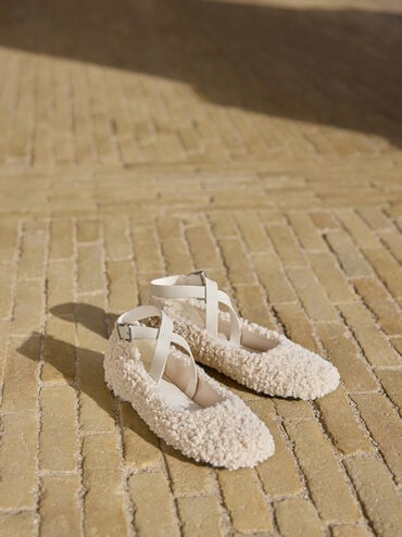 Margot Furry Crossover-Strap Ballet Flats, Chalk, hi-res