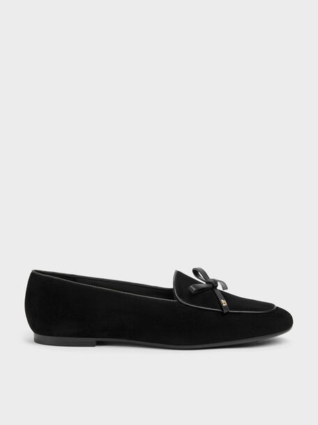 Leather & Suede Bow Loafers, Black Textured, hi-res