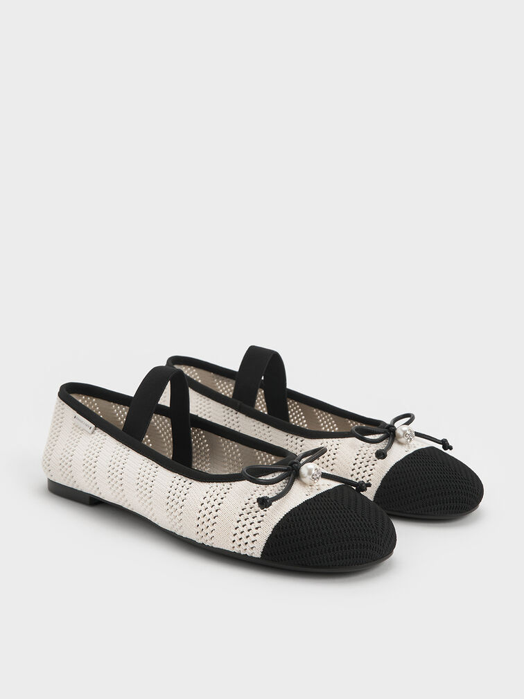 Knitted Pearl-Accent Bow Ballet Flats, Chalk, hi-res