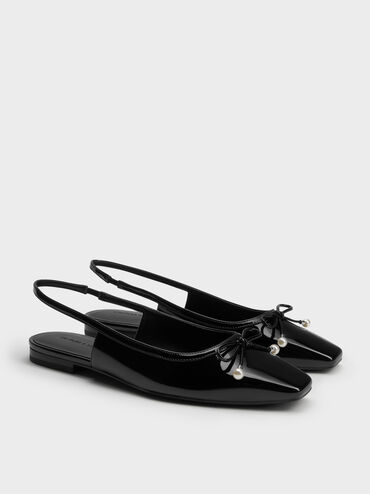 Barbara Patent Pearl-Embellished Bow Slingback Flats, Black Patent, hi-res