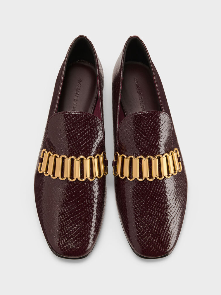 Snake-Print Metallic-Accent Loafers, Animal Print Burgundy, hi-res